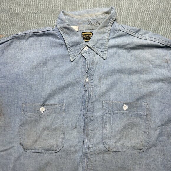 Vintage 1960s chambray work shirt Washington Dee Cee worn stained distressed XL - Picture 9 of 16